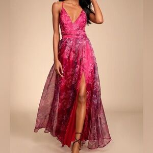 Lulus Red Floral Chiffon Maxi Dress Strappy Open Back Women’s Small